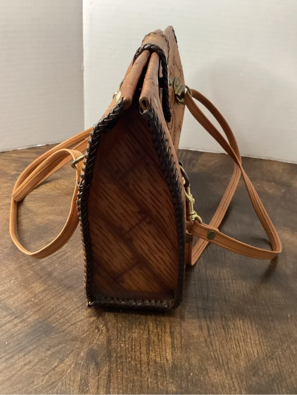 Handcrafted Tooled Leather Horse Tote Bag in Tan